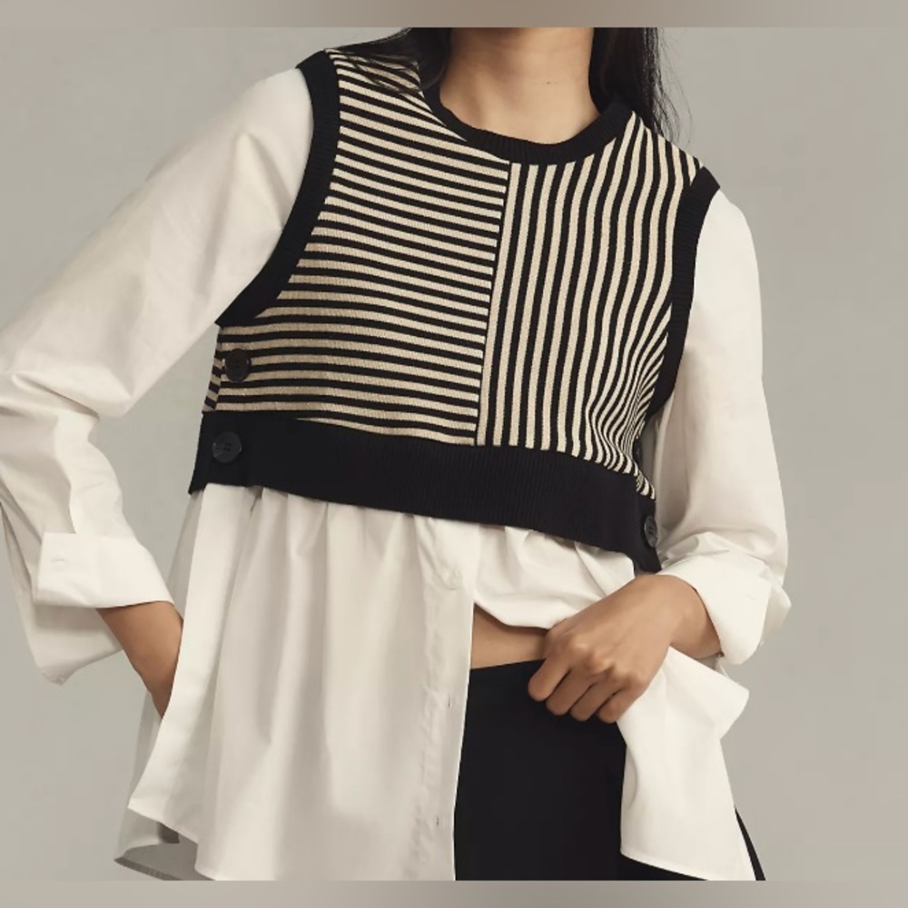 Maeve Long-Sleeve Linen Twofer Sweater Vest Top